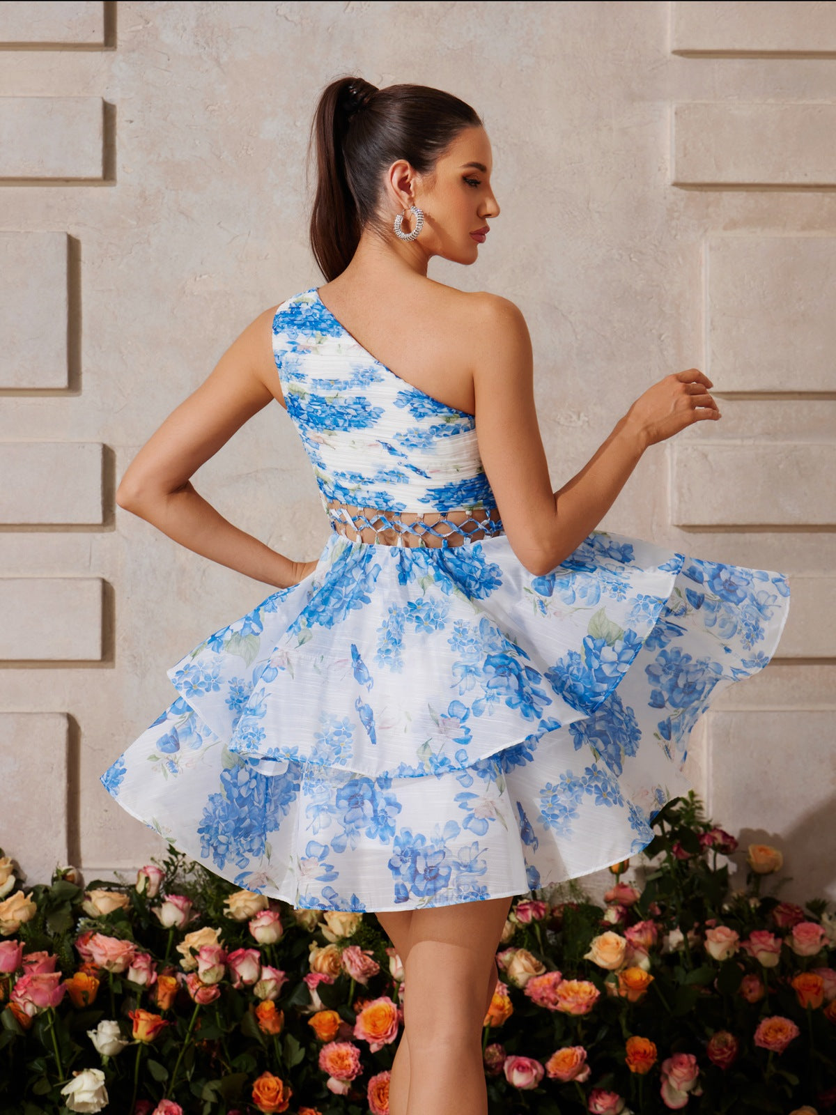 Zexmir One Shoulder Floral Tiered Mini Dress In Blue