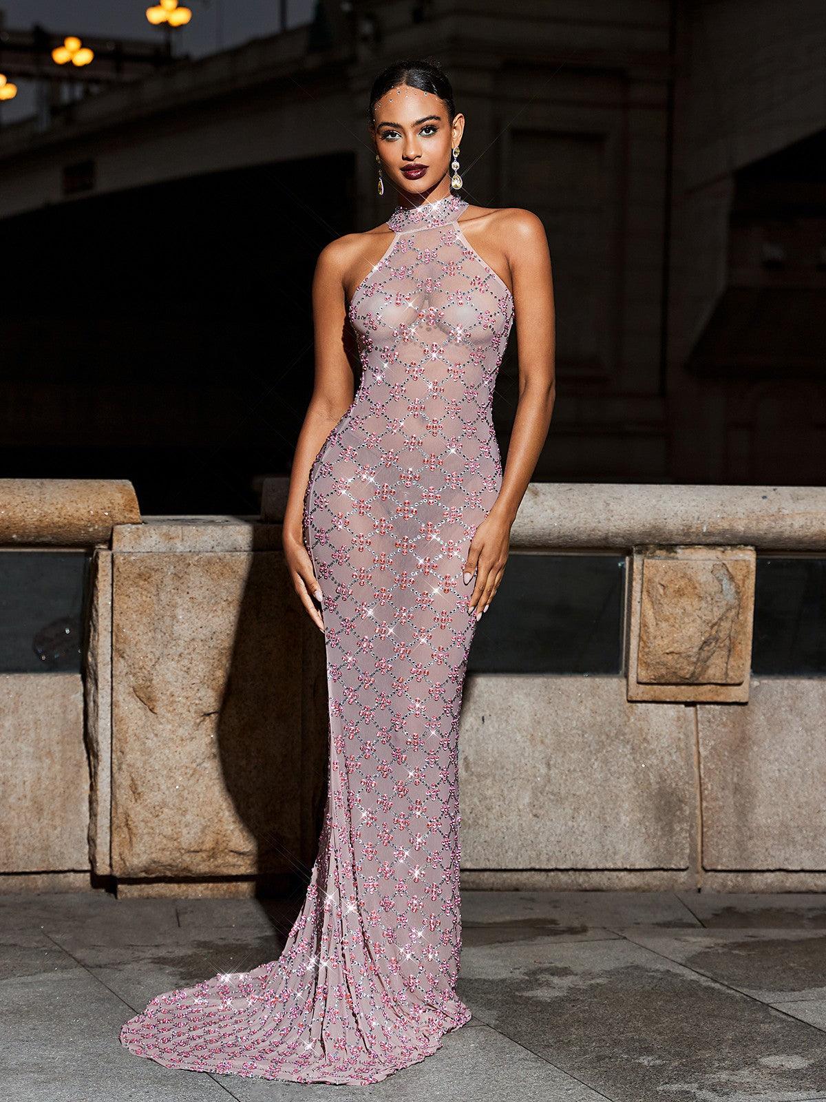 Zoie See Through Rhinestone Maxi Dress