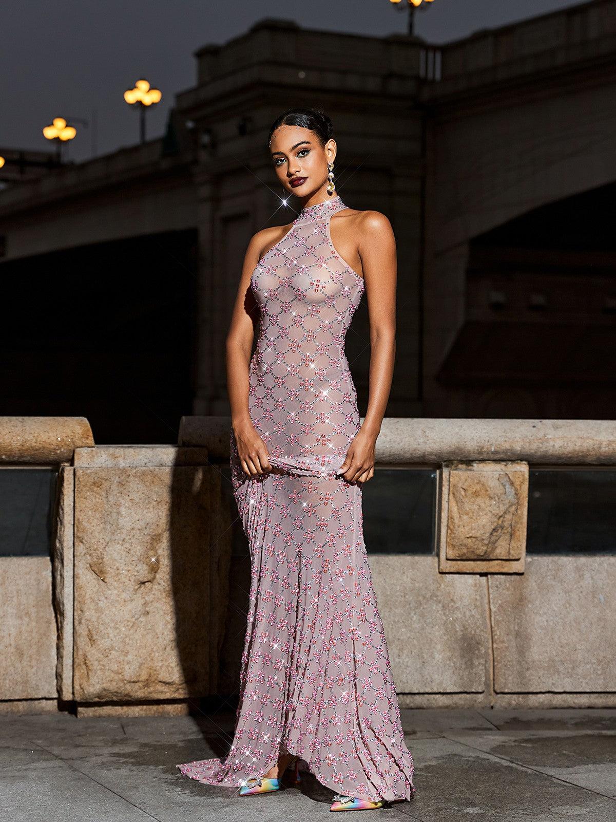 Zoie See Through Rhinestone Maxi Dress