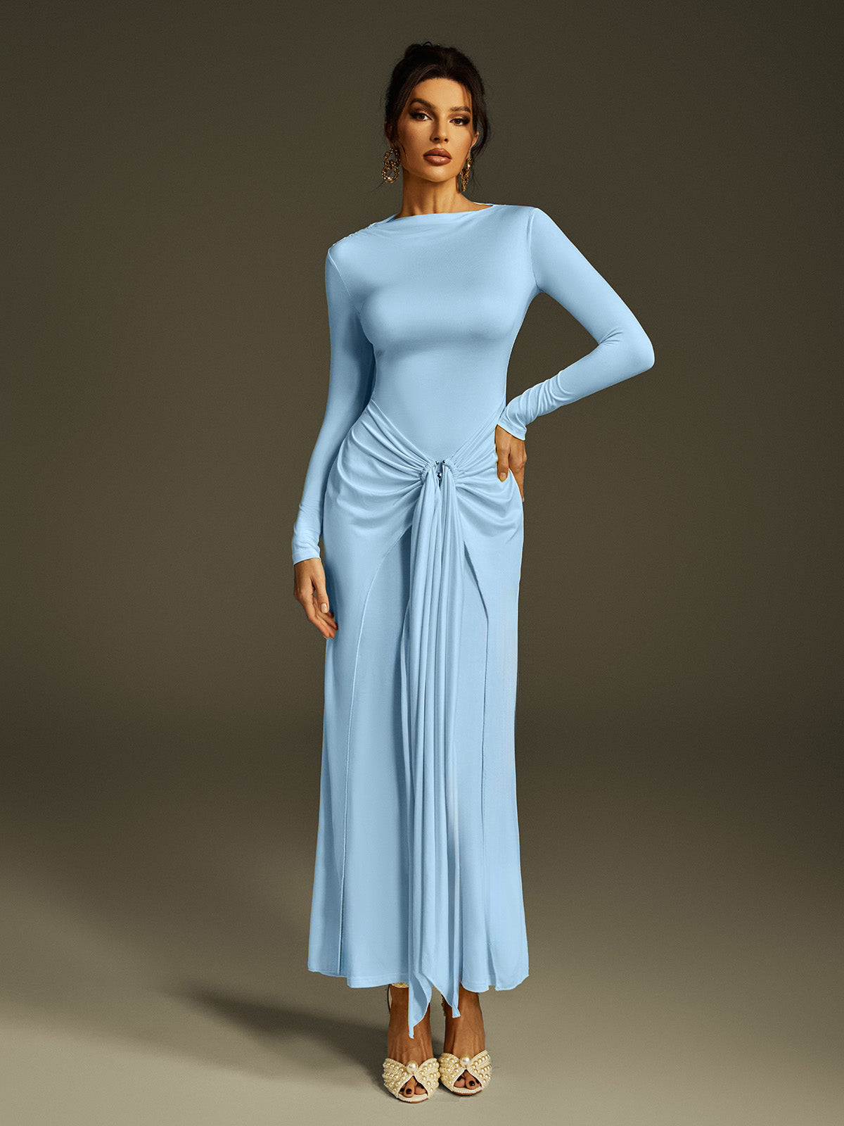 Zoltex Long Sleeve Draped Maxi Dress In Blue