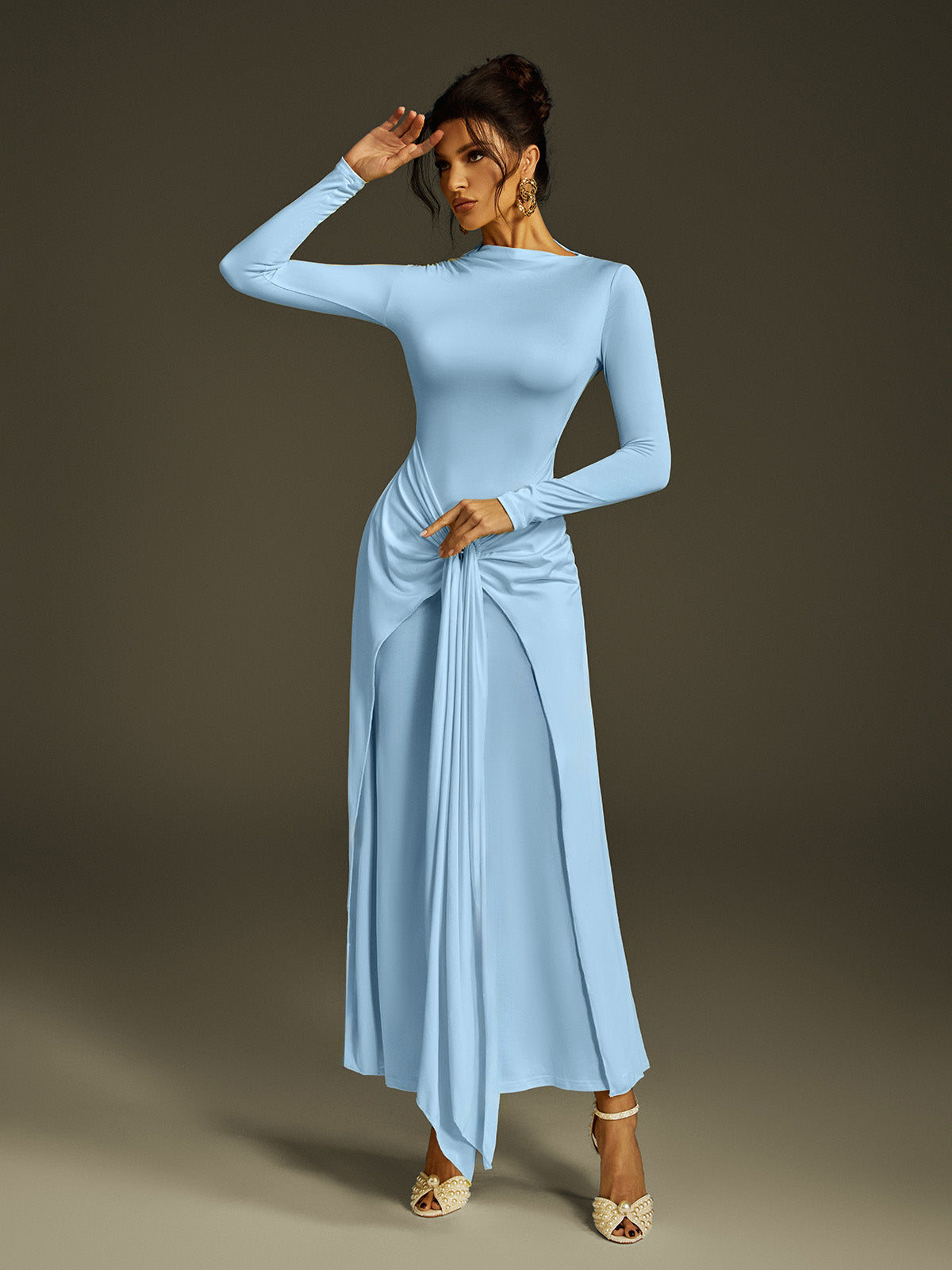 Zoltex Long Sleeve Draped Maxi Dress In Blue