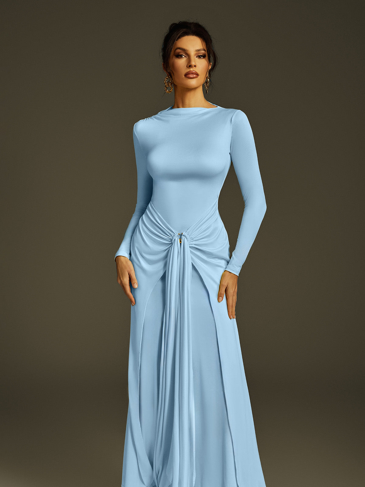 Zoltex Long Sleeve Draped Maxi Dress In Blue