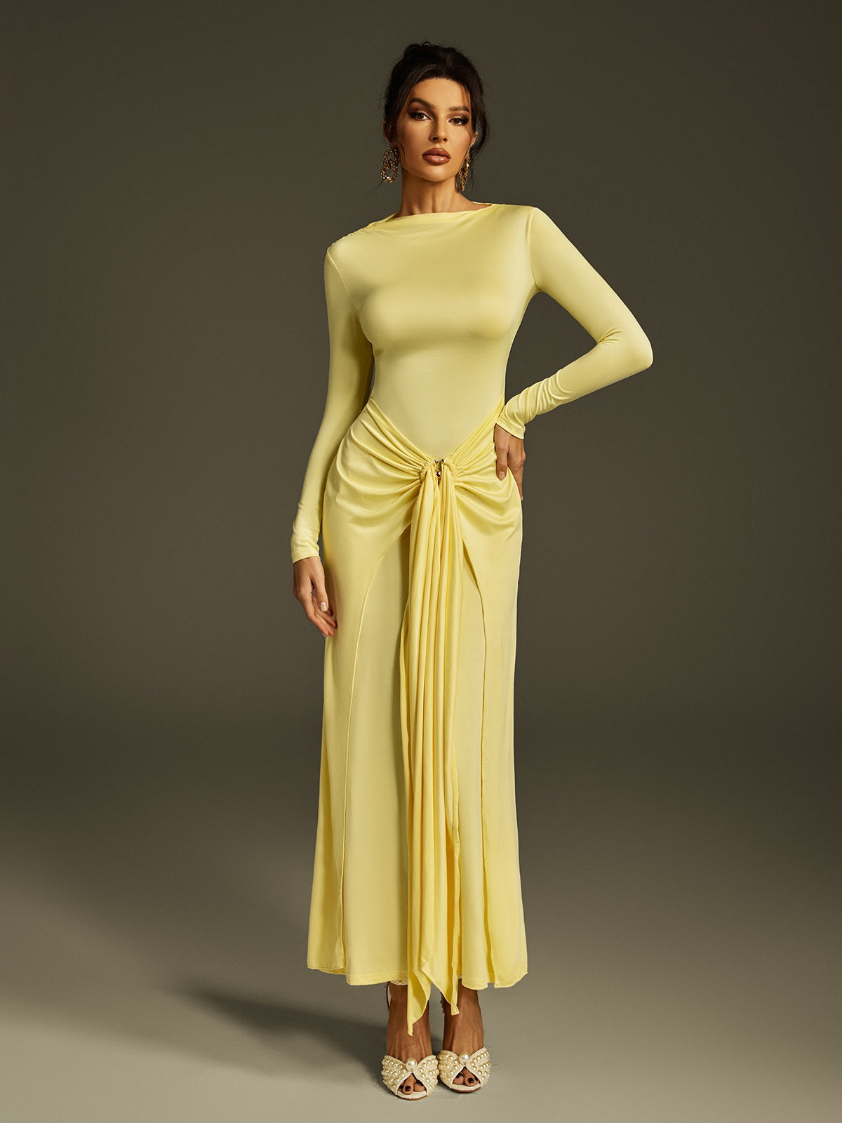 Zoltex Long Sleeve Draped Maxi Dress In Butter Yellow