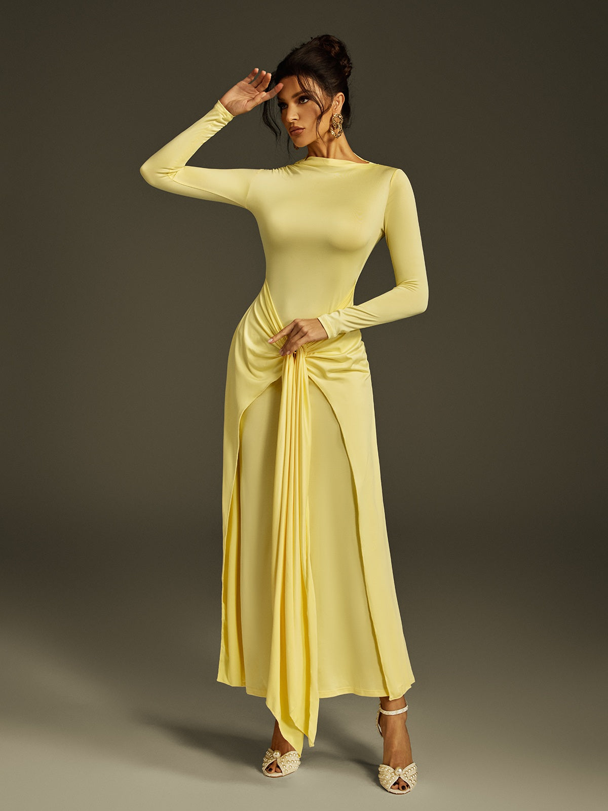 Zoltex Long Sleeve Draped Maxi Dress In Butter Yellow