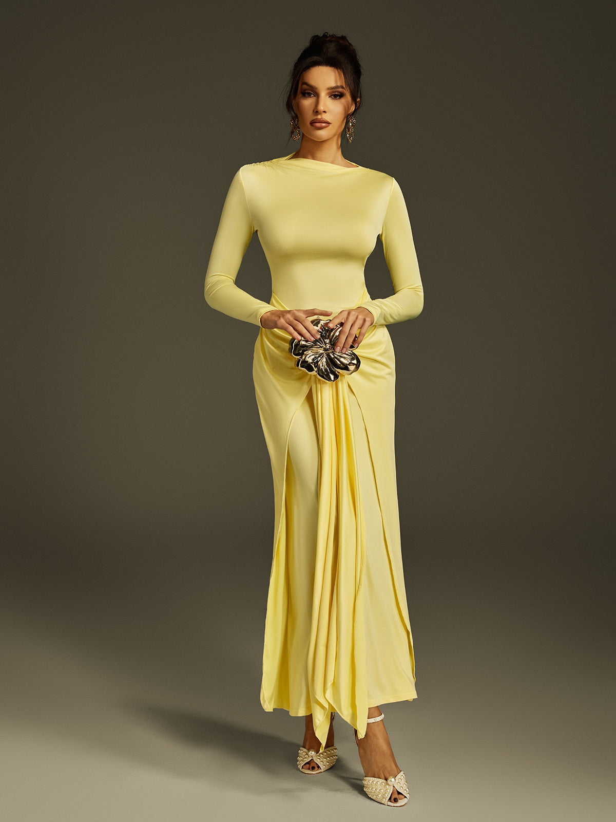 Zoltex Long Sleeve Draped Maxi Dress In Butter Yellow