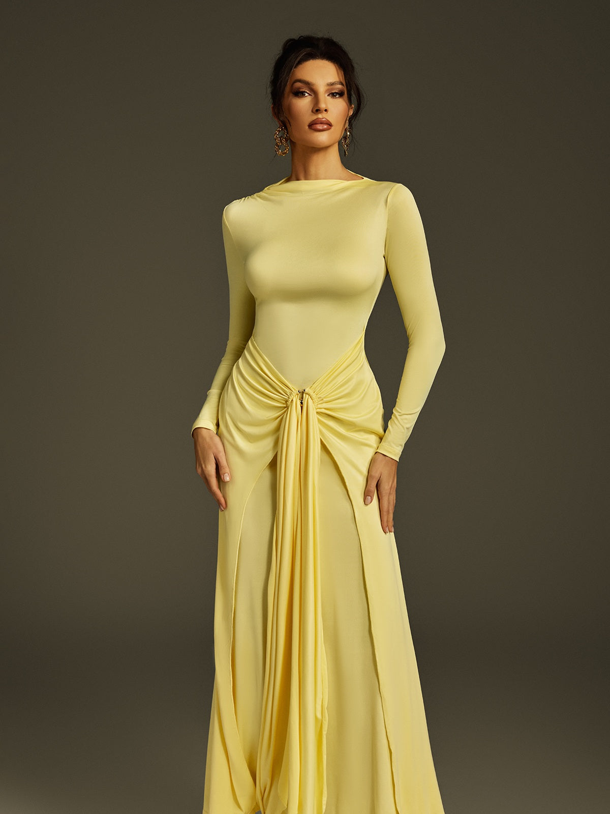 Zoltex Long Sleeve Draped Maxi Dress In Butter Yellow