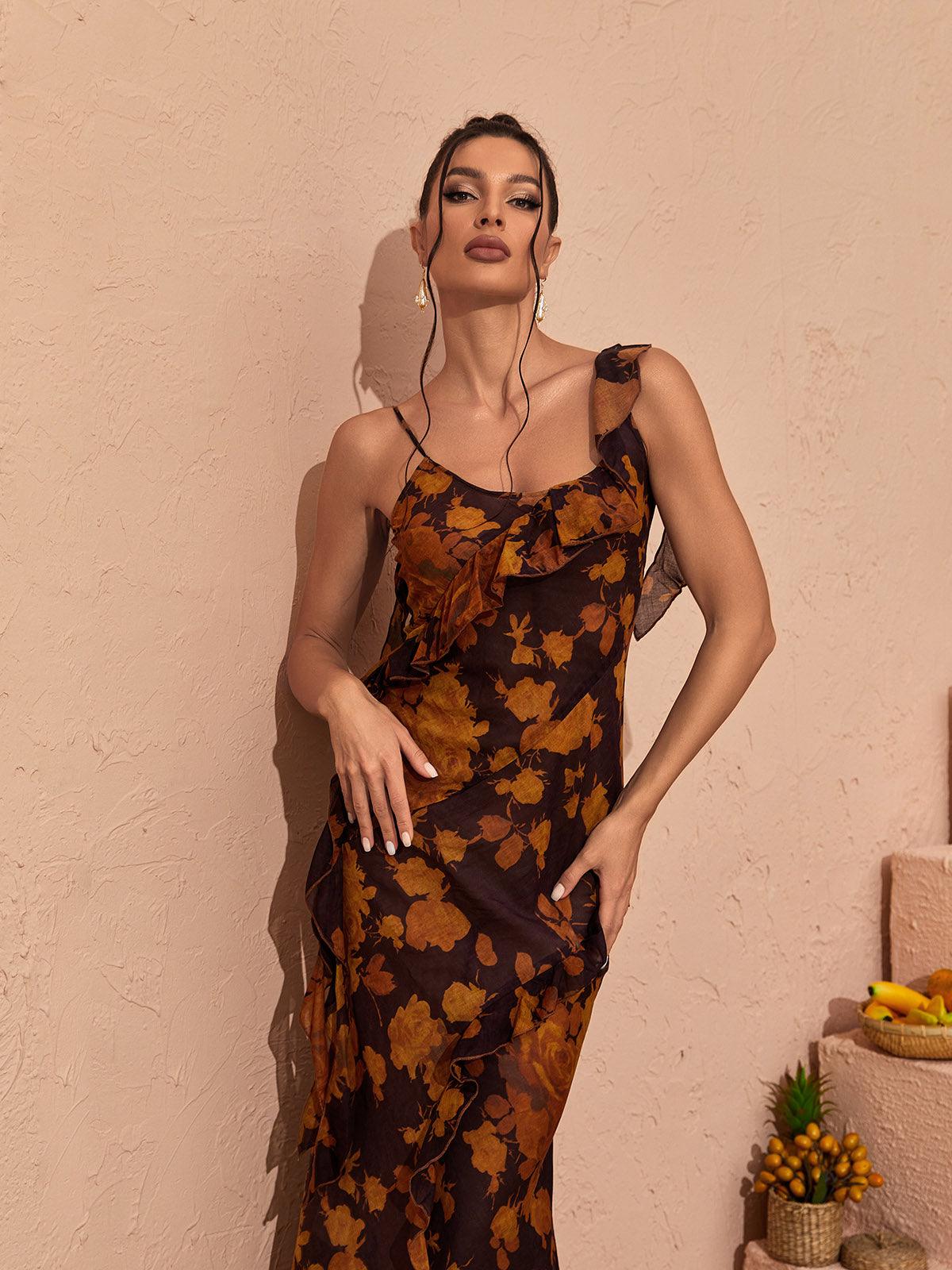 Zuri Ruffle Floral Printed Maxi Dress