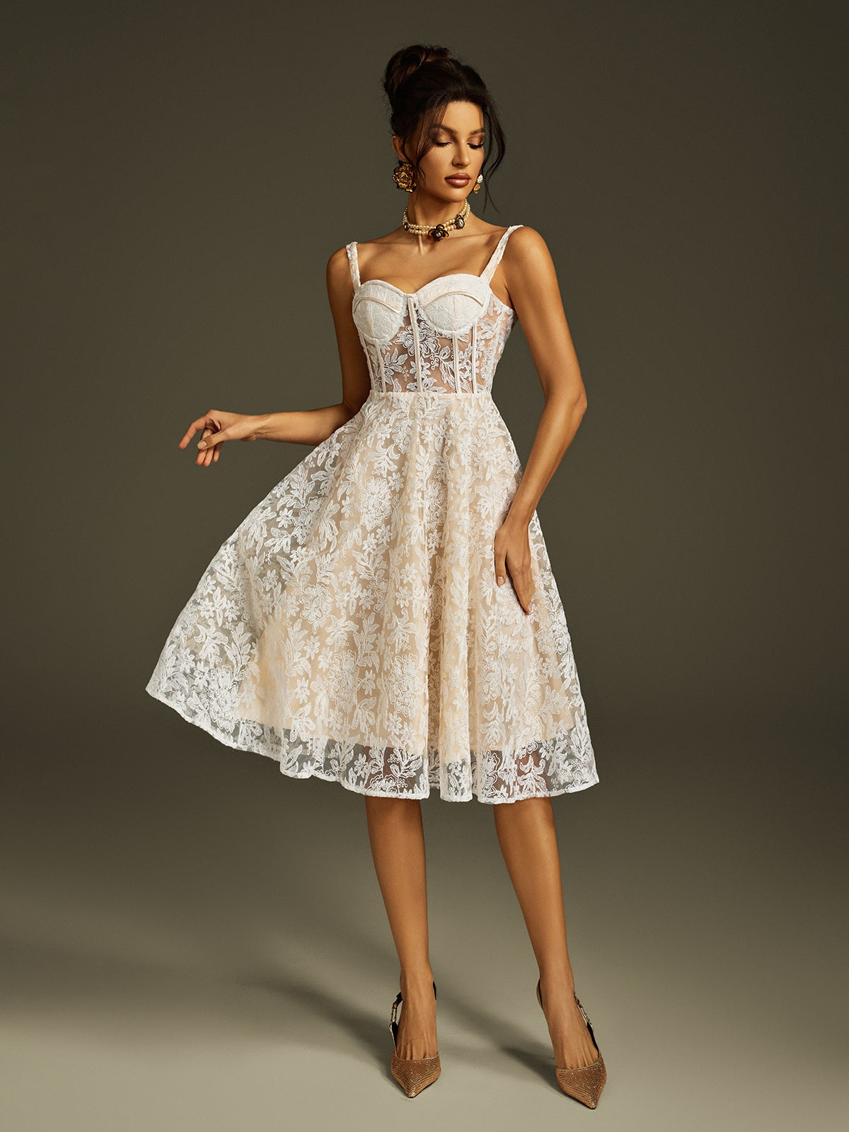 Zylgoth Spaghetti Embroidered Mesh Midi Dress