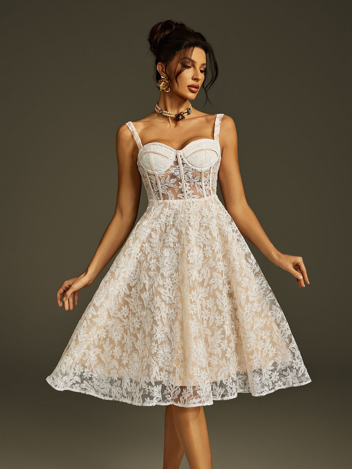 Zylgoth Spaghetti Embroidered Mesh Midi Dress