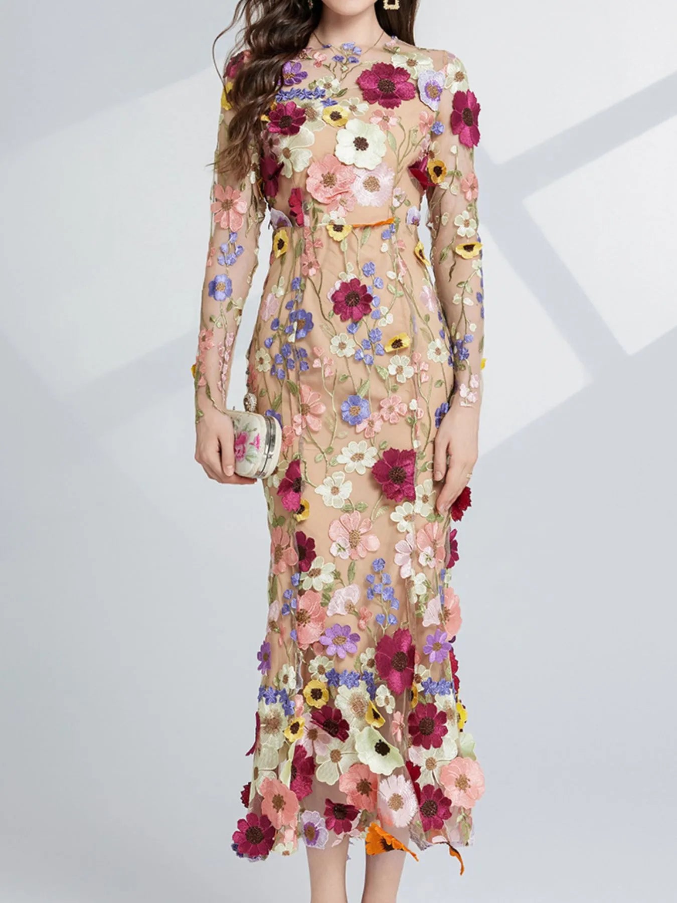 Floral Embroidered Mesh Long Sleeve Midi Dress