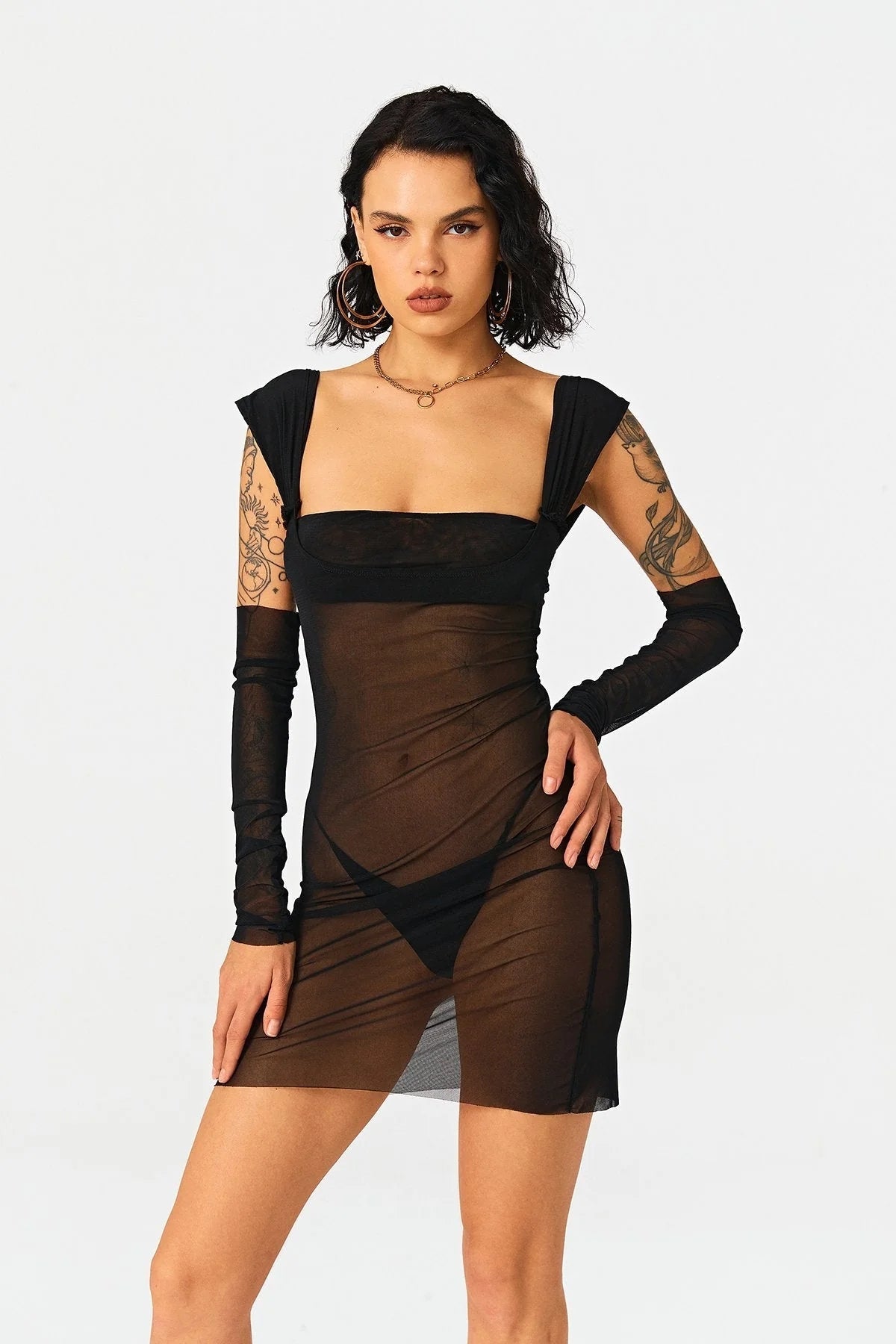 Wrapped Chest Long -sleeved Mesh High Waist Bag Hip Mid Skirt