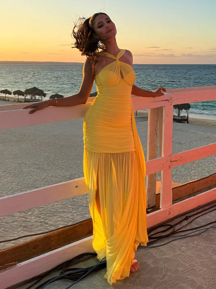 Maliya Halter Mesh Slit Maxi Dress