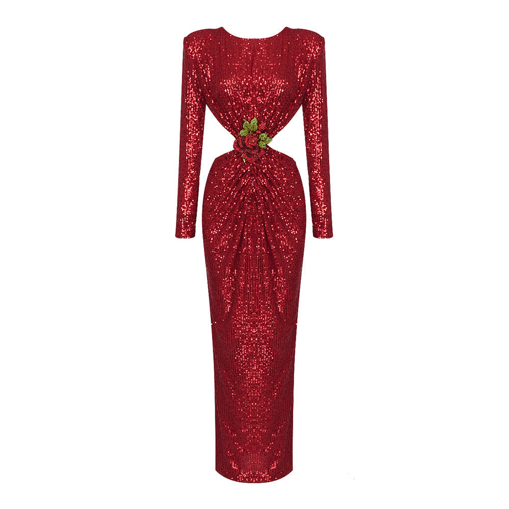 Lesya Round Neck Flower Waist Button Sequin Dress-Red