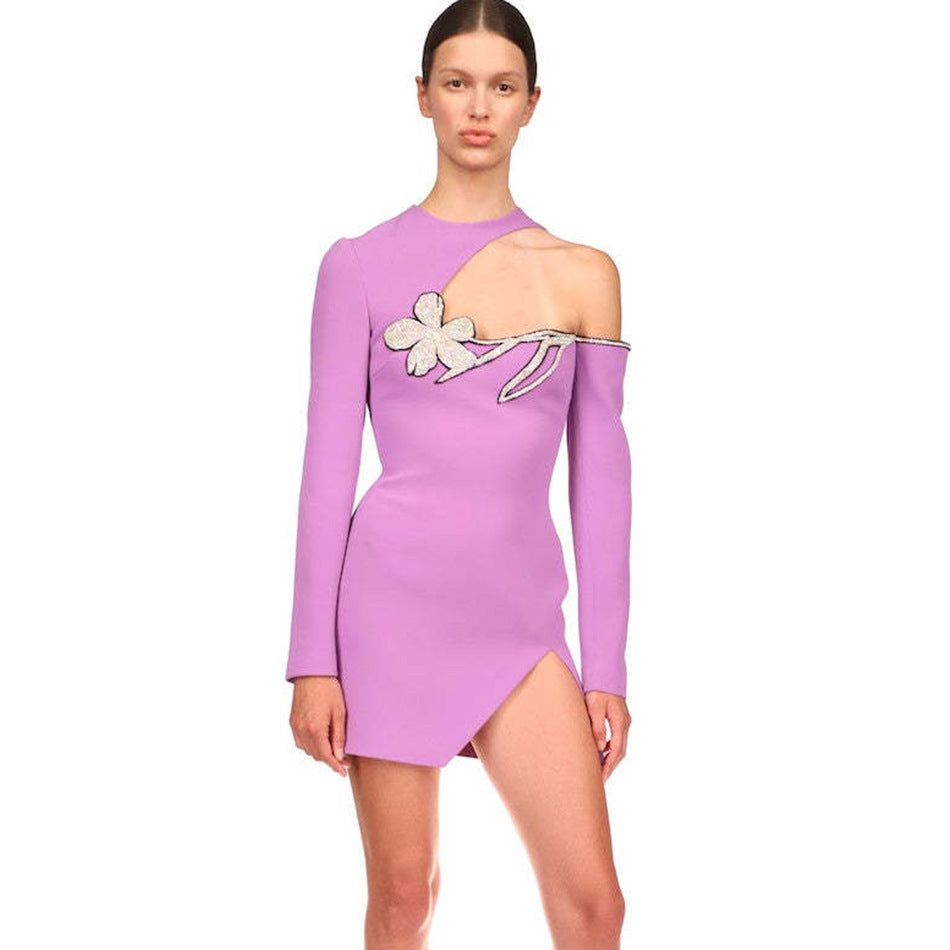 One-shoulder Round Neck Rhinestone Dress