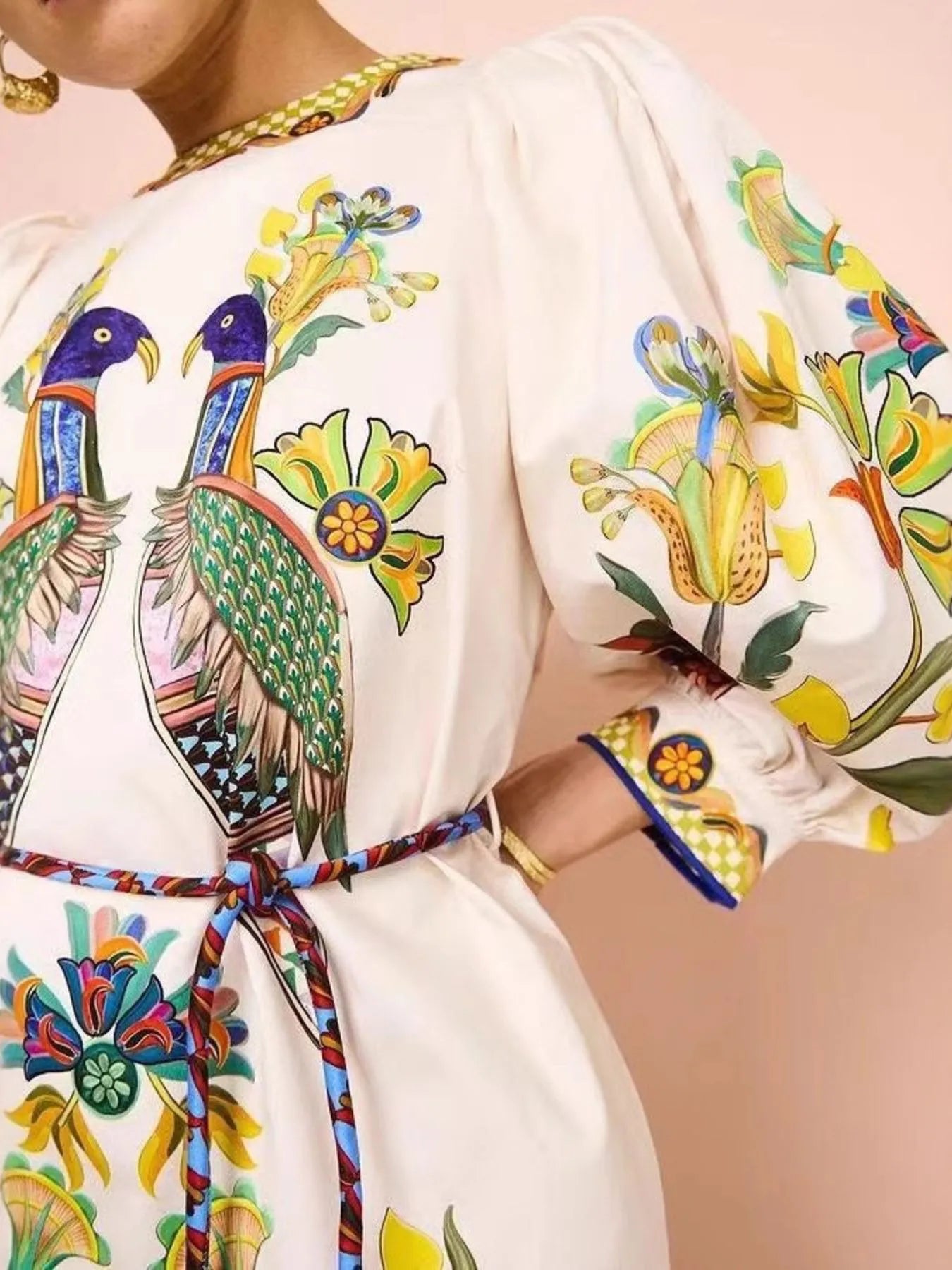 Printed Round Neck Puff Sleeve Dress