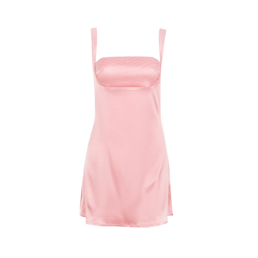SILKY SATIN SQUARE NECK SUSPENDER STRAP PARTY MINI DRESS