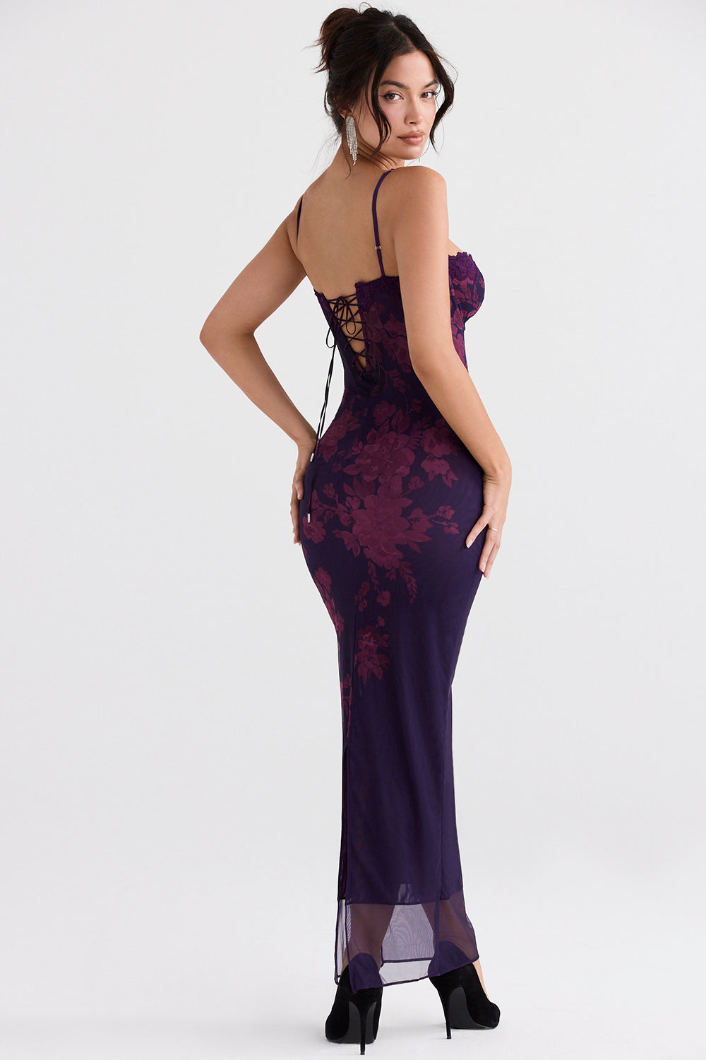 Floral Mesh Hem Gown Fishtail Slip Maxi Dress