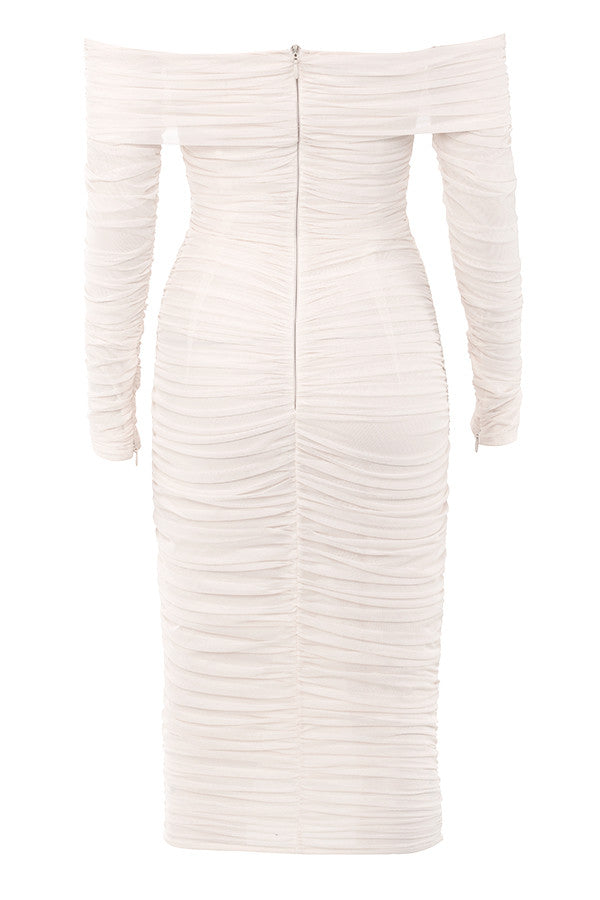 ALYIA IVORY TULLE OFF SHOULDER RUCHED DRESS