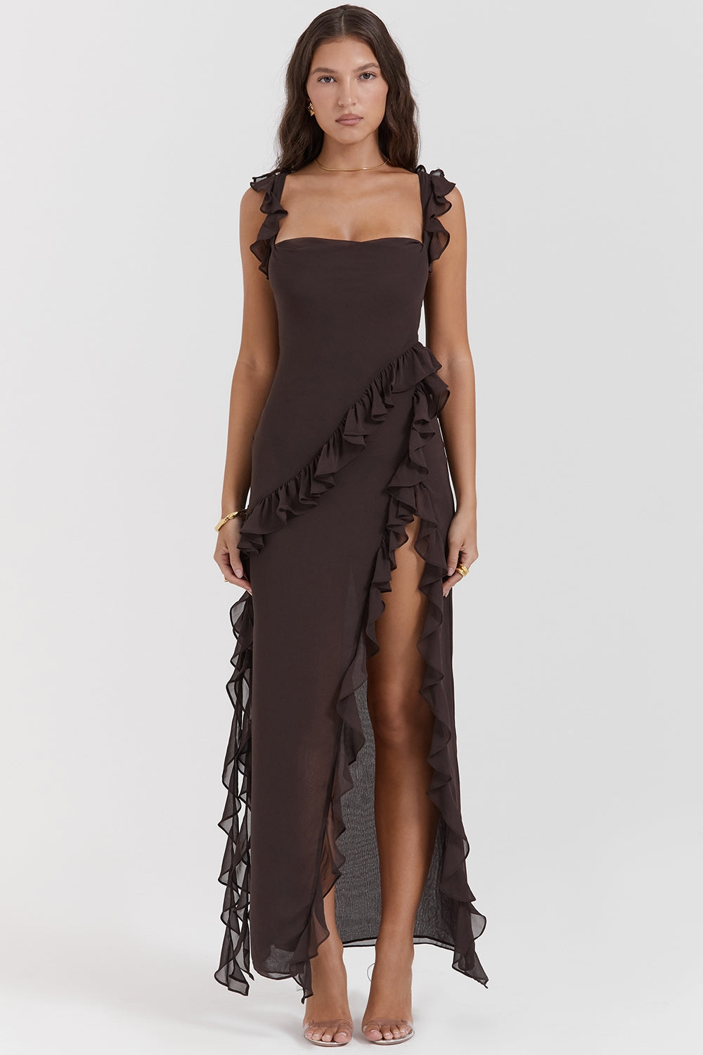 Split Ruffled Square Neck Maxi Dress