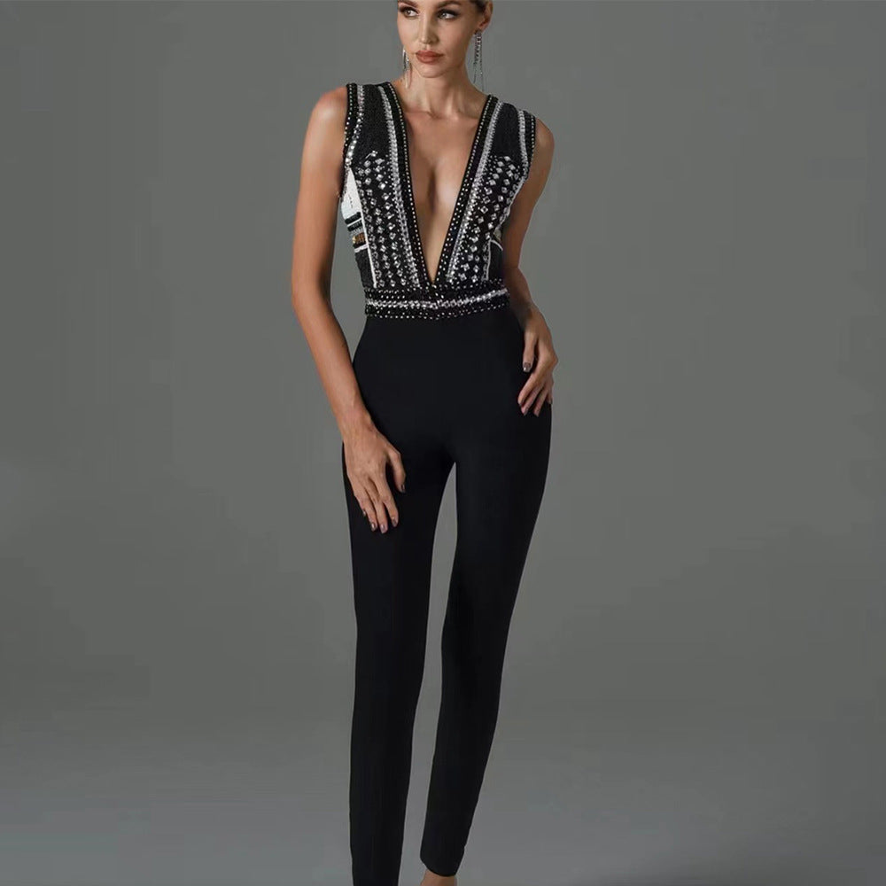 Beaded Slim-fit Sleeveless Bandage Jumpsuit Dress