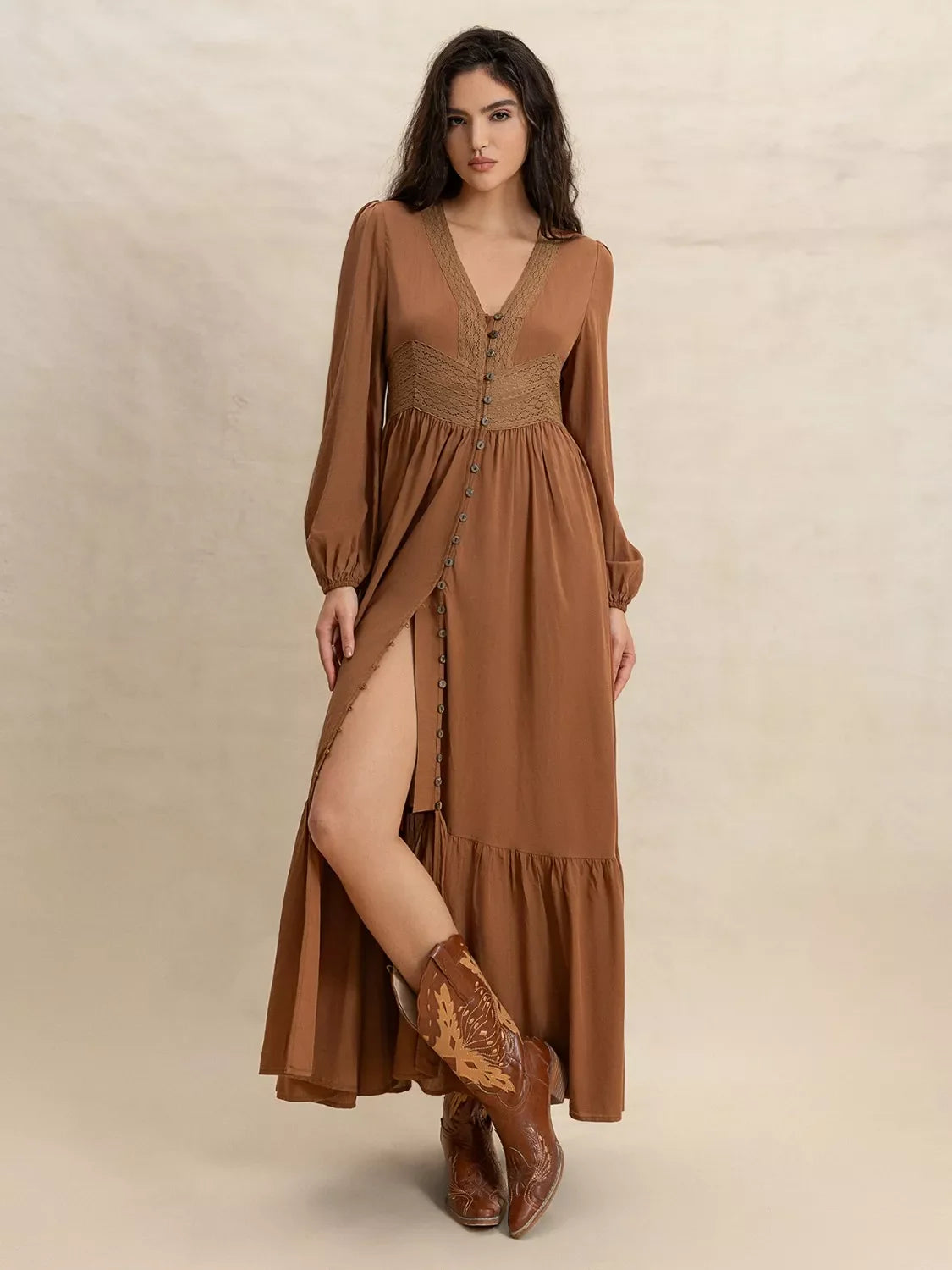 Long Sleeve Button-Front Maxi Dress