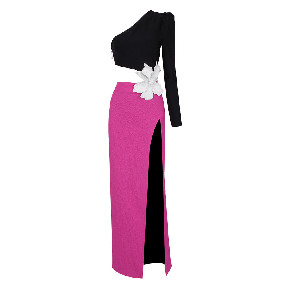 Aronia Beaded Flower One-shoulder Celeb Dress