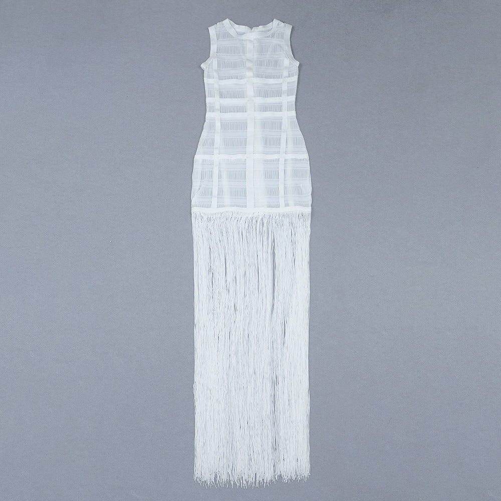 Elegant Mesh See-through Mid-length Fringed Dress