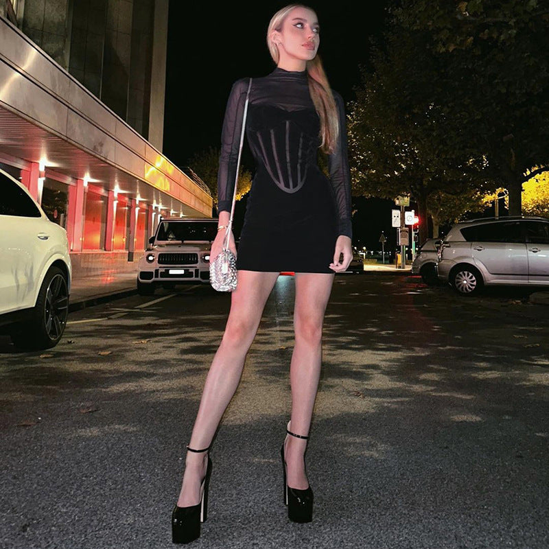 Mesh Corset Sheath Turtleneck Dress