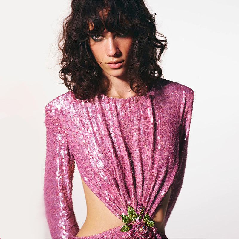 Lesya Round Neck Flower Waist Button Sequin Dress-Pink