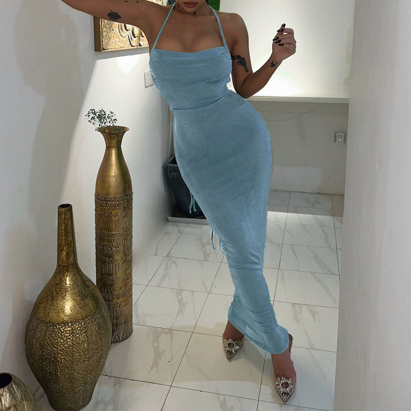 Lemiya Backless Lace up Hanging Night Dress-Blue