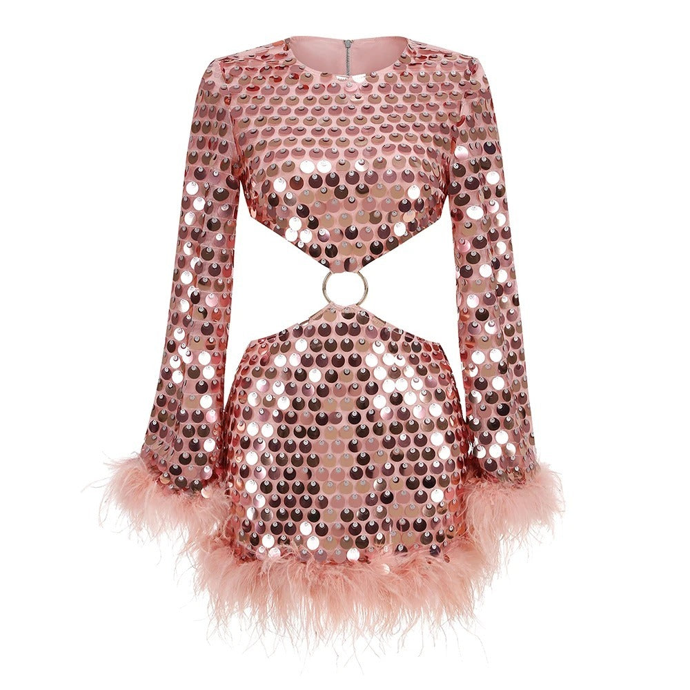 Derika Sequined Sleeved Hollow Dress