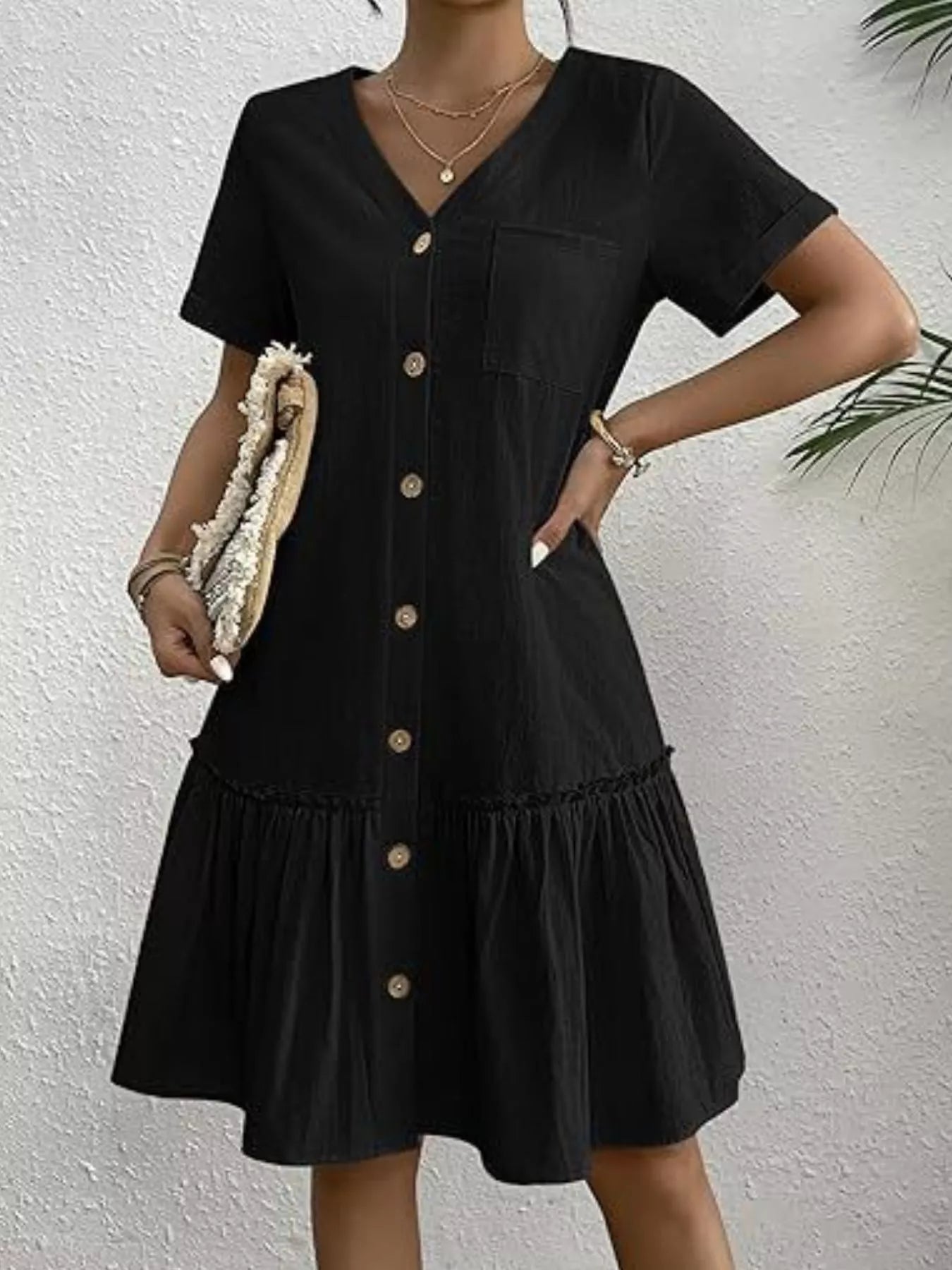 Full Size Button-Front Short Sleeve Tiered Dress Plus Size