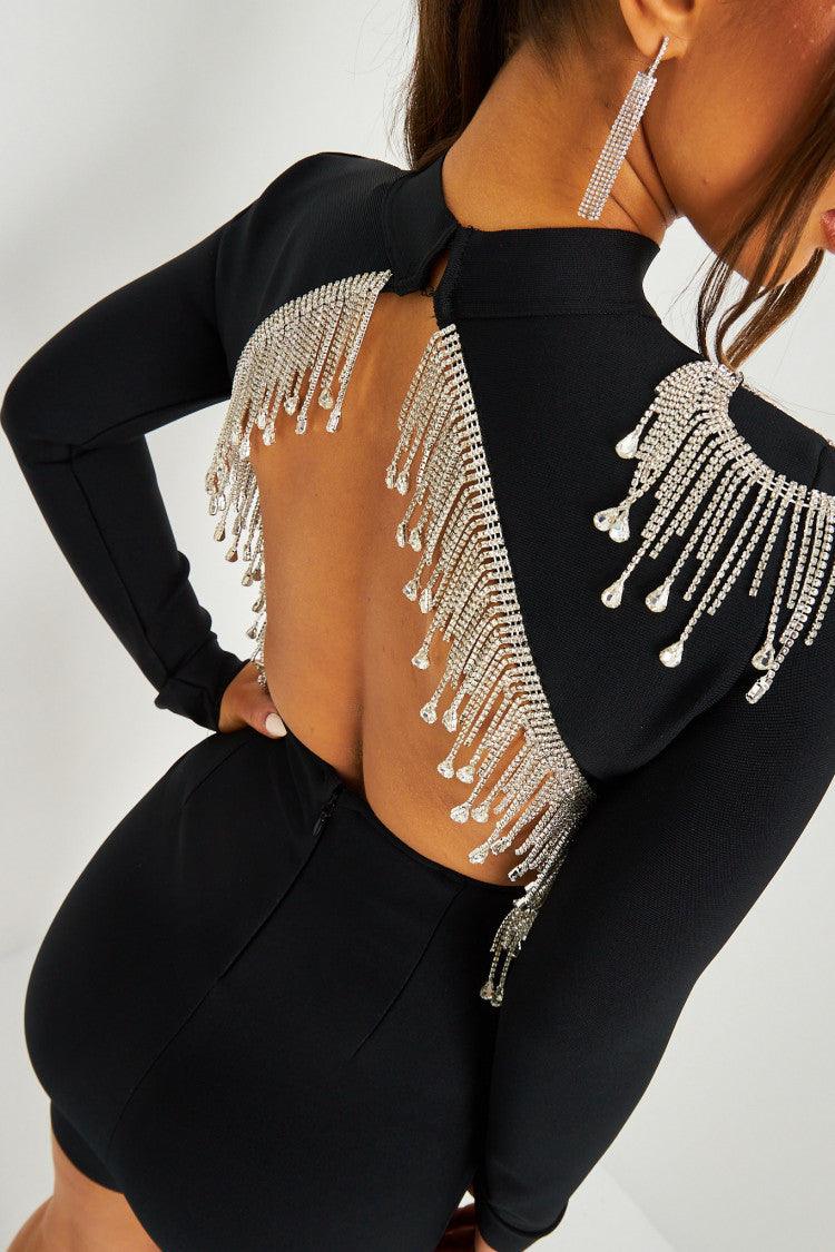 Backless Fringed Diamond Bandage Dress