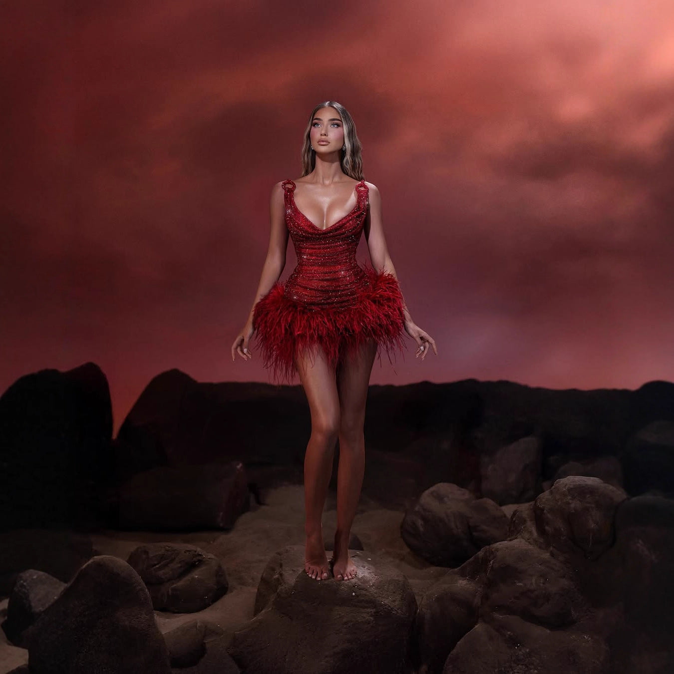 Red Sequin Feather Mini Dress – Luxury Party Style