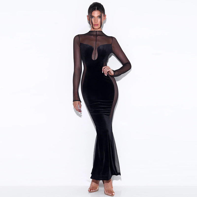 Hollow Long-sleeved Round Neck Backless Dress