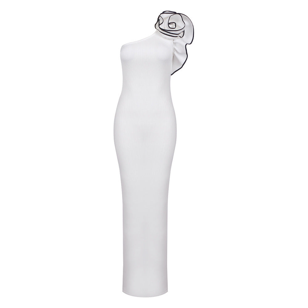 Retha One-shoulder White Flower Black Hook Dress