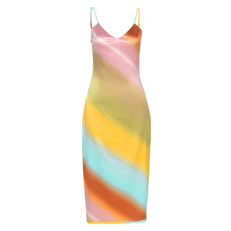 Rainbow Sling V-Neck Backless Dress