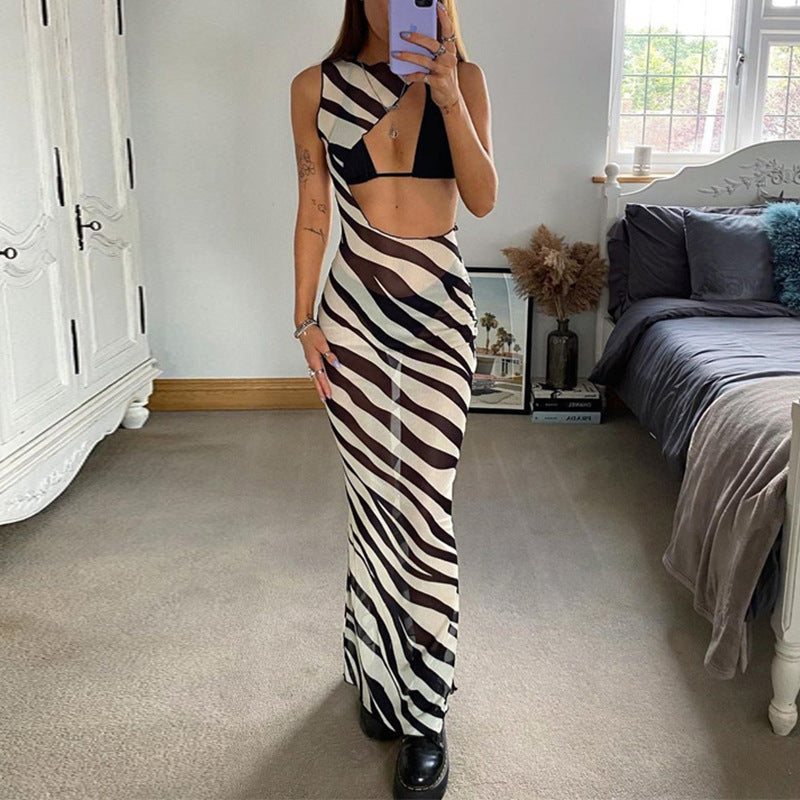Black Sheer Mesh Zebra Maxi Cutout Dress