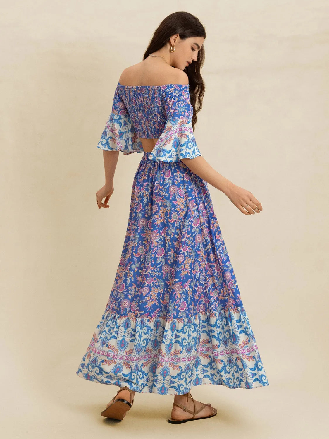 Smocked Off-Shoulder Printed Top and Skirt Set
