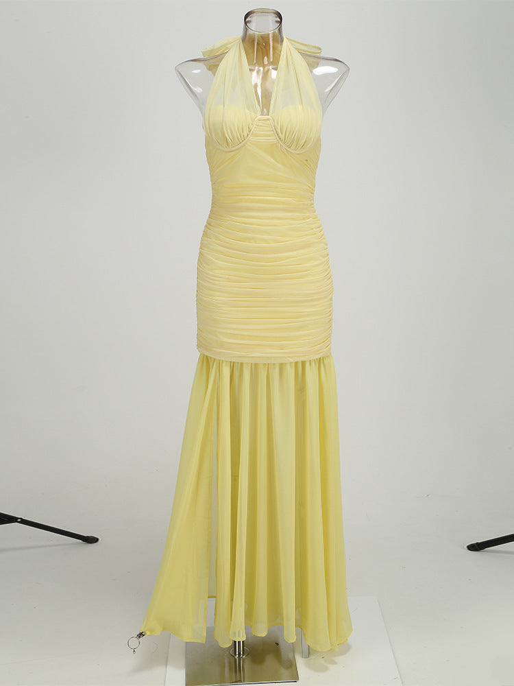 Maliya Halter Mesh Slit Maxi Dress