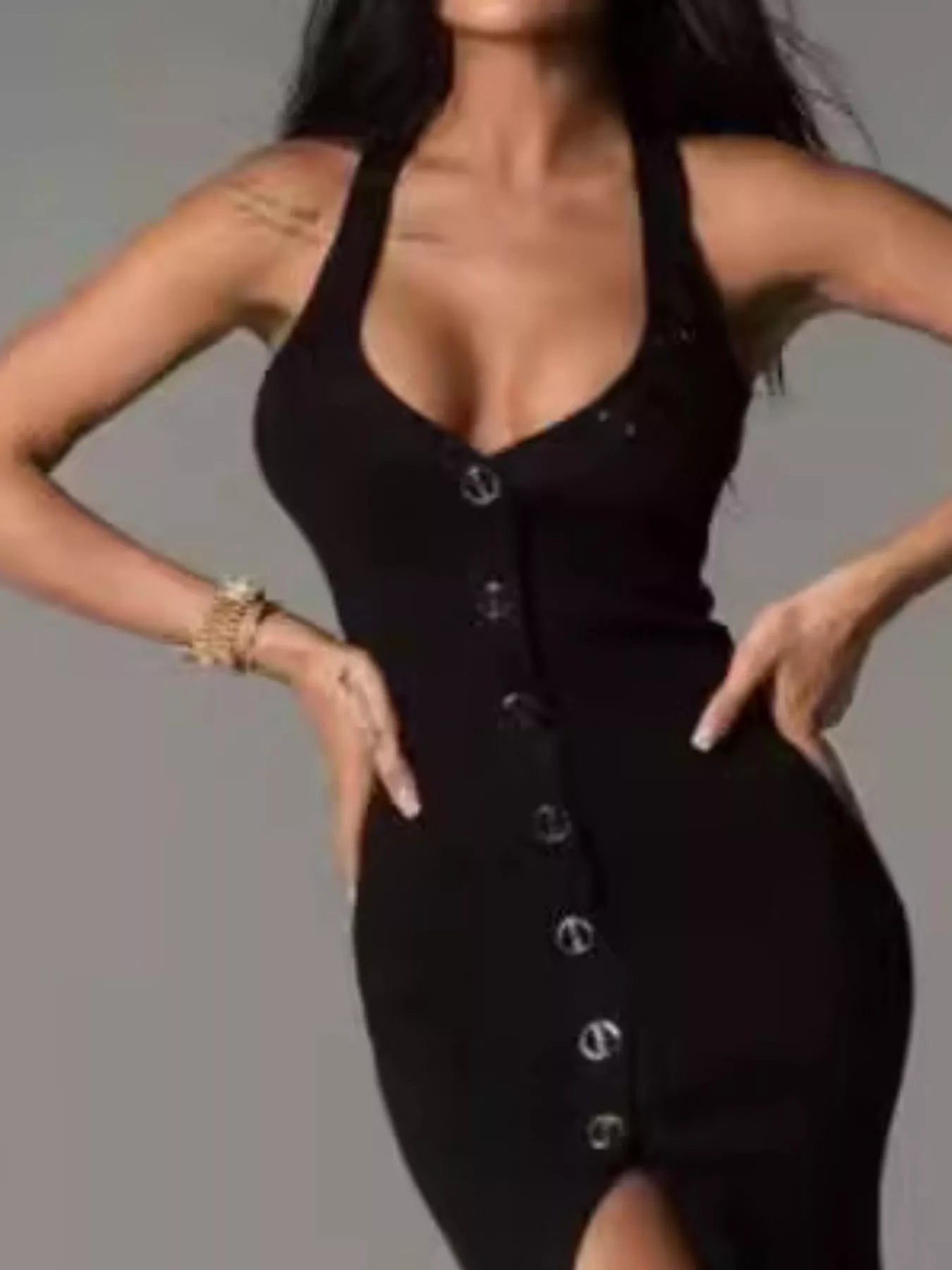 Halter Neck Button-Front Bodycon Dress