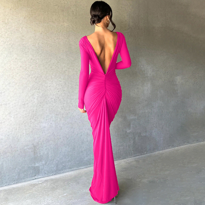 V-neck Slim Fit Pleated Long Sleeve Dress