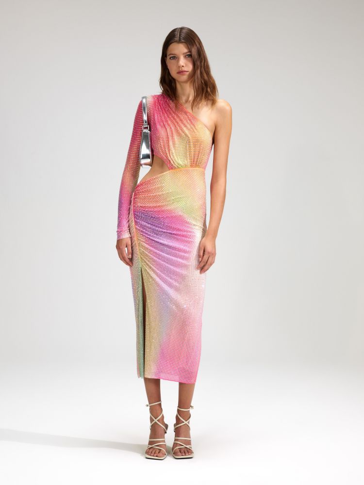 Ahusha Diagonal Shoulder Slit Metallic Dress