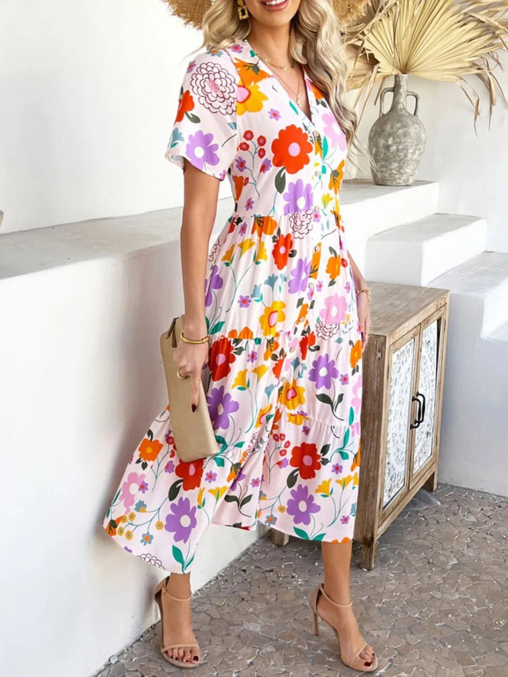 Devine Printed Johnny Collar Button Down Short Sleeve Midi Shirt Dress