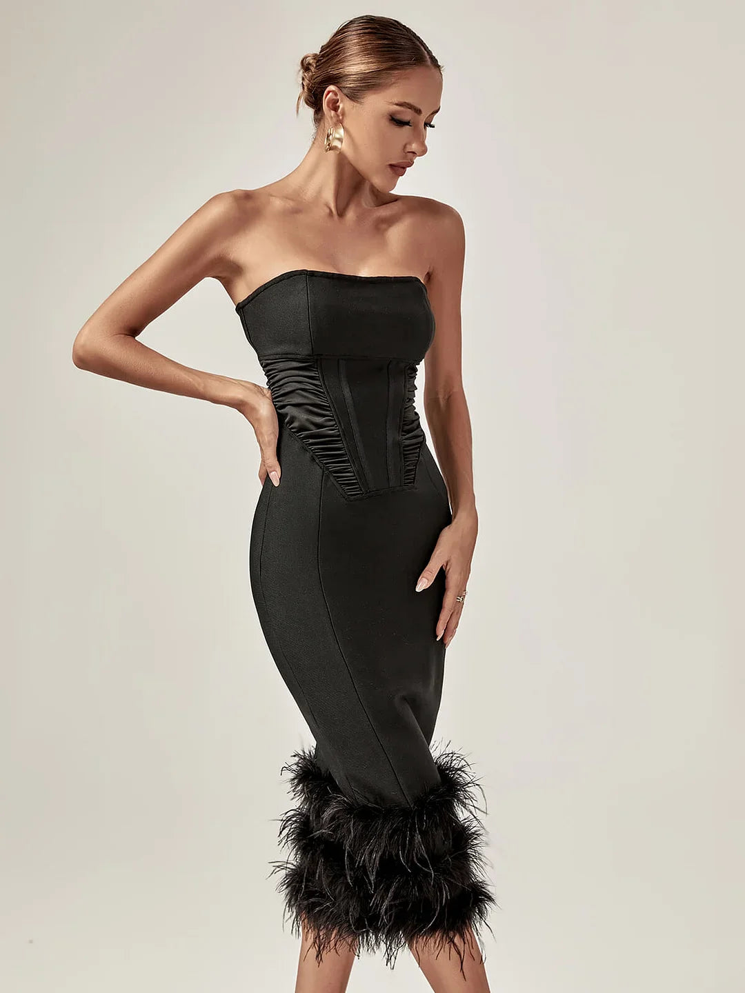 FUR BLACK STRAPLESS CORSET DRESS
