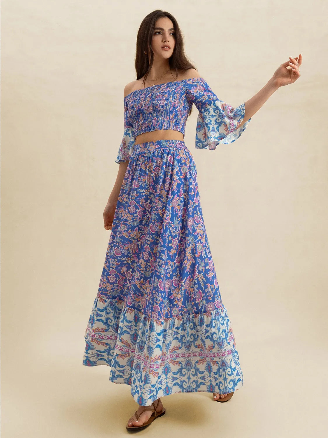 Smocked Off-Shoulder Printed Top and Skirt Set