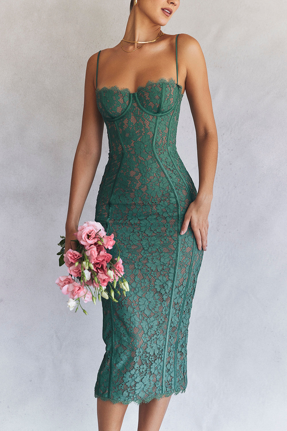 LOTTE FOREST LACE MIDI DRESS-GREENY