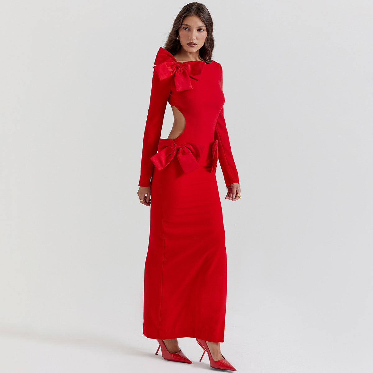 AEILA BOW BACKLESS SPLIT DRESS-RED