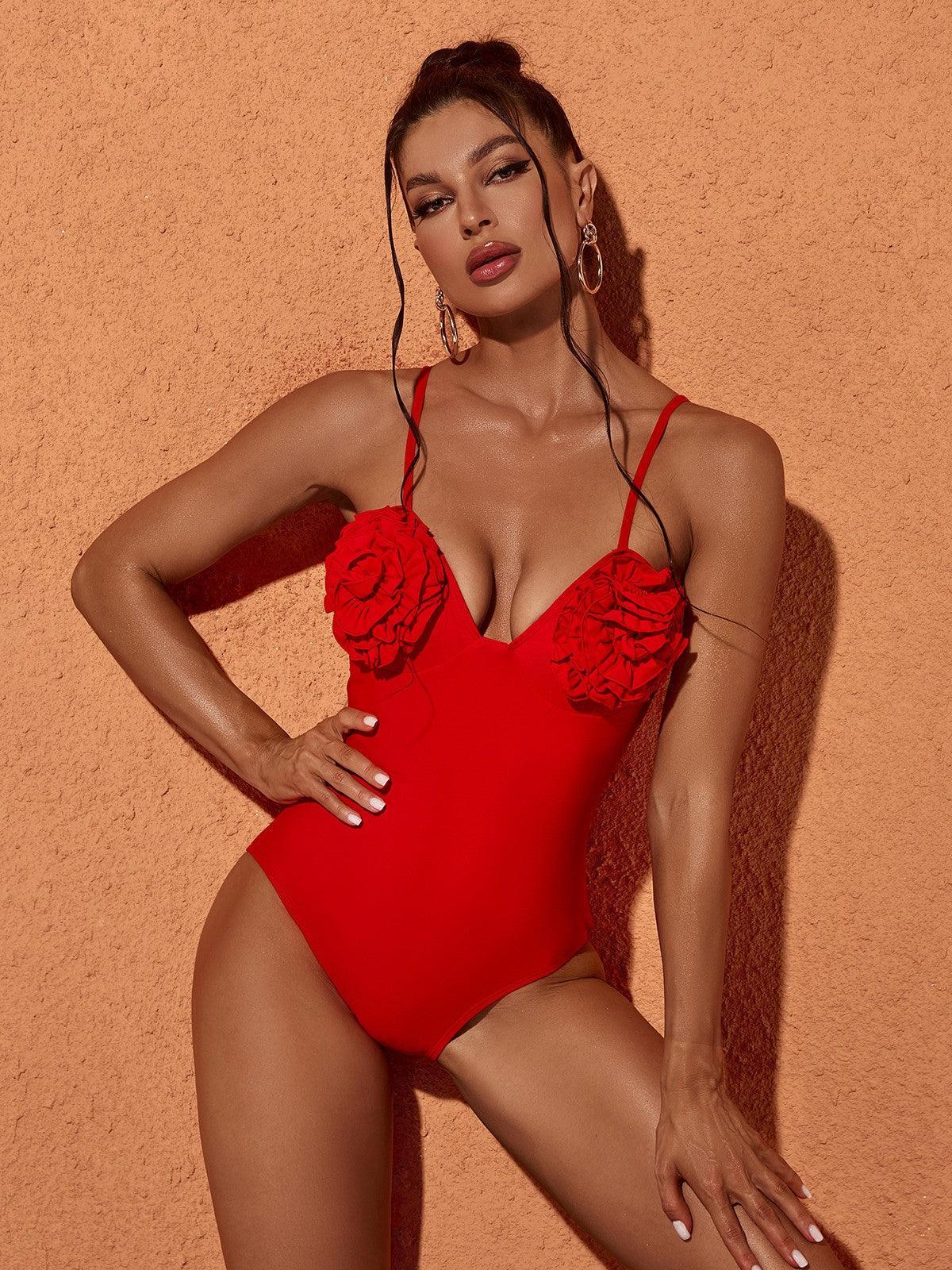 Colby Flower Swimwear Two Piece Set in elegant red with chic 3D flower details, perfect for stylish summer beachwear.