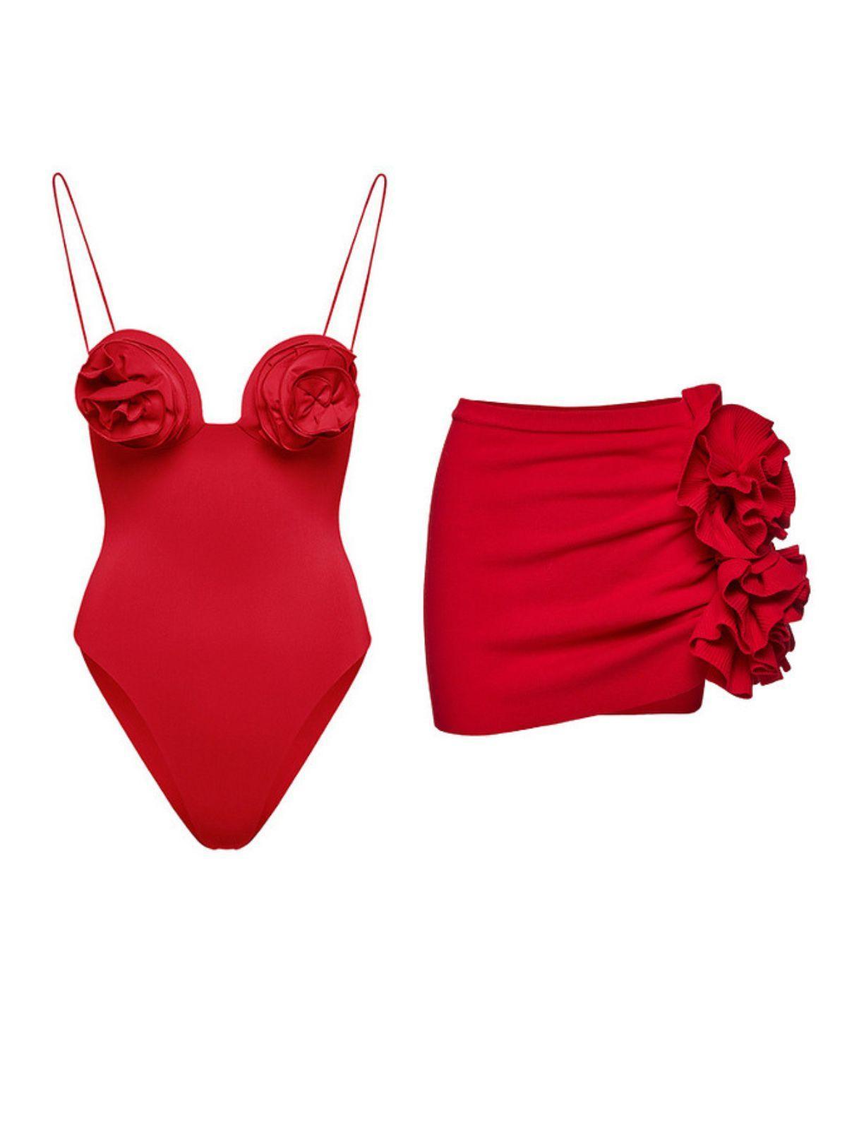 Colby Flower Swimwear Two Piece Set in elegant red with chic 3D flower details, perfect for stylish summer beachwear.